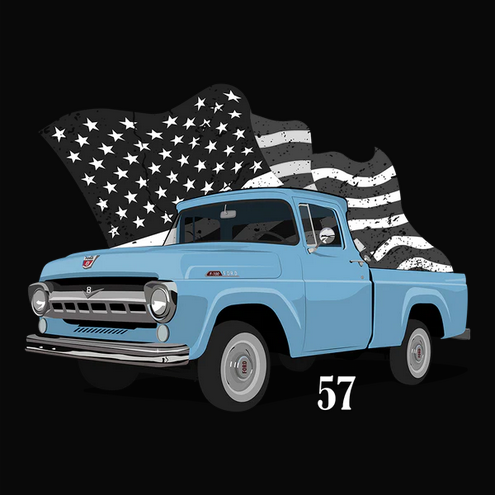 American Flag, Auto, Automobile, Car, cars, Classic, Crew, Crew Neck, F100, Flag, Ford, Old, Old School, Oldies, Tee, truck, US Flag, Worn flag57 Blue Ford F100 Tee from FineRag.comfinerag.com