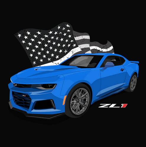 American Flag, Auto, Automobile, Camaro, Car, cars, Chevrolet, Chevy, Classic, Crew, Crew Neck, Flag, Muscle Car, Old, Old School, Oldies, Tee, US Flag, Worn flag, ZL122 Blue Chevy Camaro ZL1 Tee from FineRag.comfinerag.com