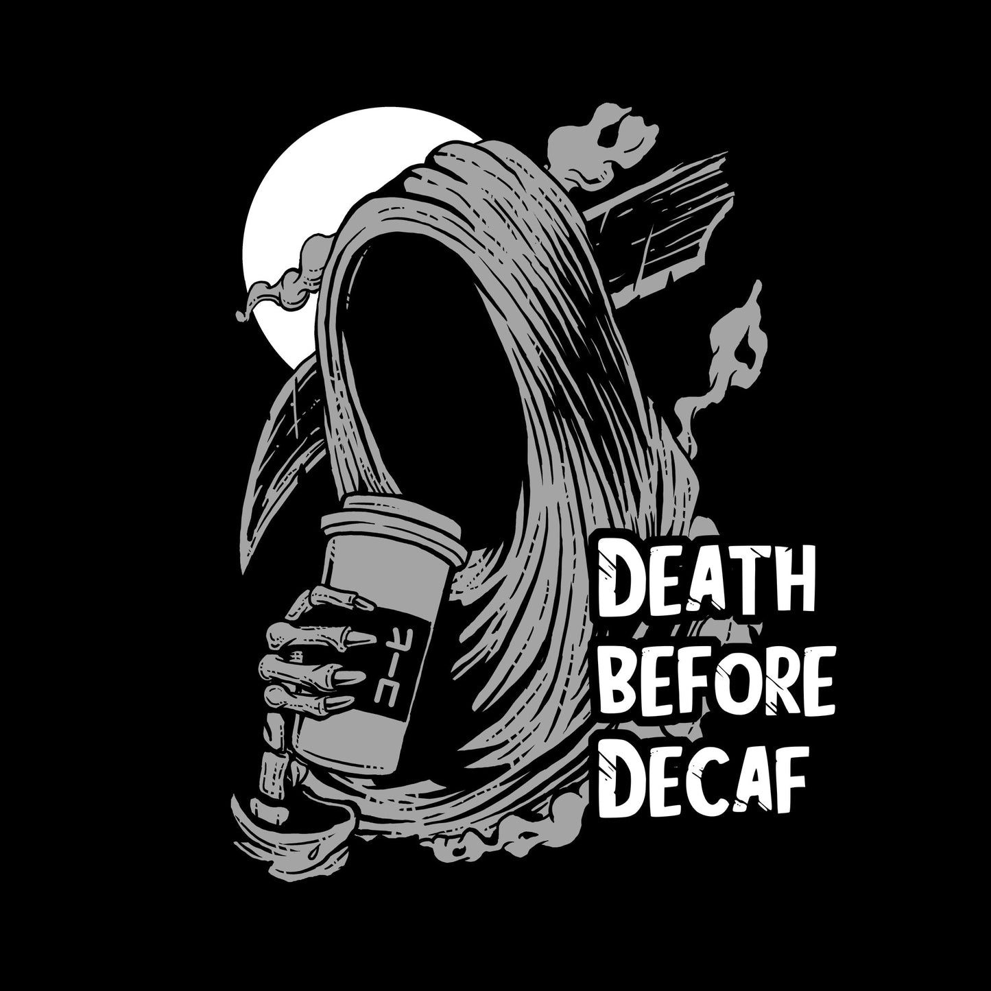 Coffee, Crew, Crew Neck, D, Dangerous, Dead, Death, Devil, Grim Reaper, TeeDeath Before Decaf Tee from FineRag.comfinerag.com