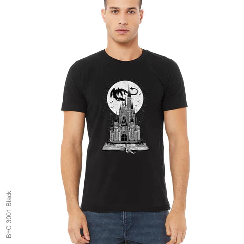 Abstract, black & white, book, Crew, Crew Neck, Dragon, Fairytale, Haunted House, moon, TeeFairytale Book Tee from FineRag.comfinerag.com