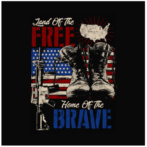 Boots, Brave, Crew, Crew Neck, Gun, Guns, Patriotic, Red White & Blue, Strong Guns, Tee, Veteran, War, Warrior, WarriorsHome of the Brave Tee from FineRag.comfinerag.com